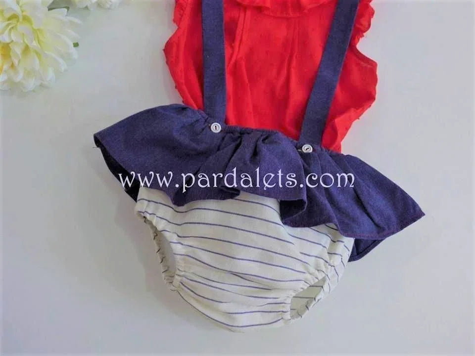 Culotte azul marino con tirantes y blusa plumeti rojo - PARDALETS
