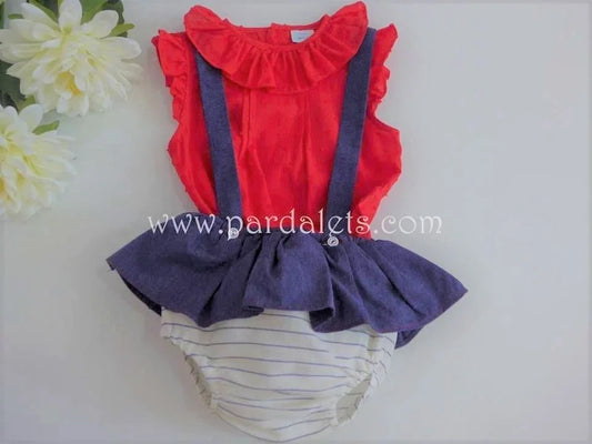 Culotte azul marino con tirantes y blusa plumeti rojo - PARDALETS