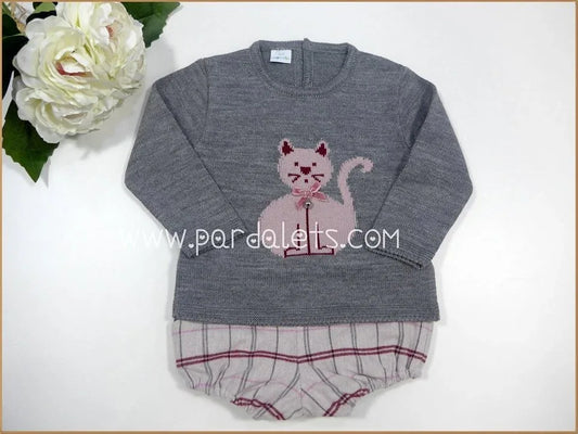 Jersey de lana gris gatito bordado y culote - PARDALETS