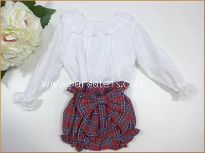 Blusa blanca plumeti y bombacho cuadros - PARDALETS