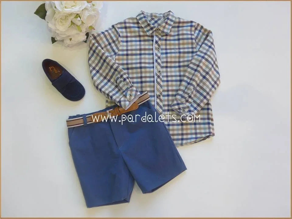 Camisa cuadros azules y marrones y short azul "Virginia" - PARDALETS