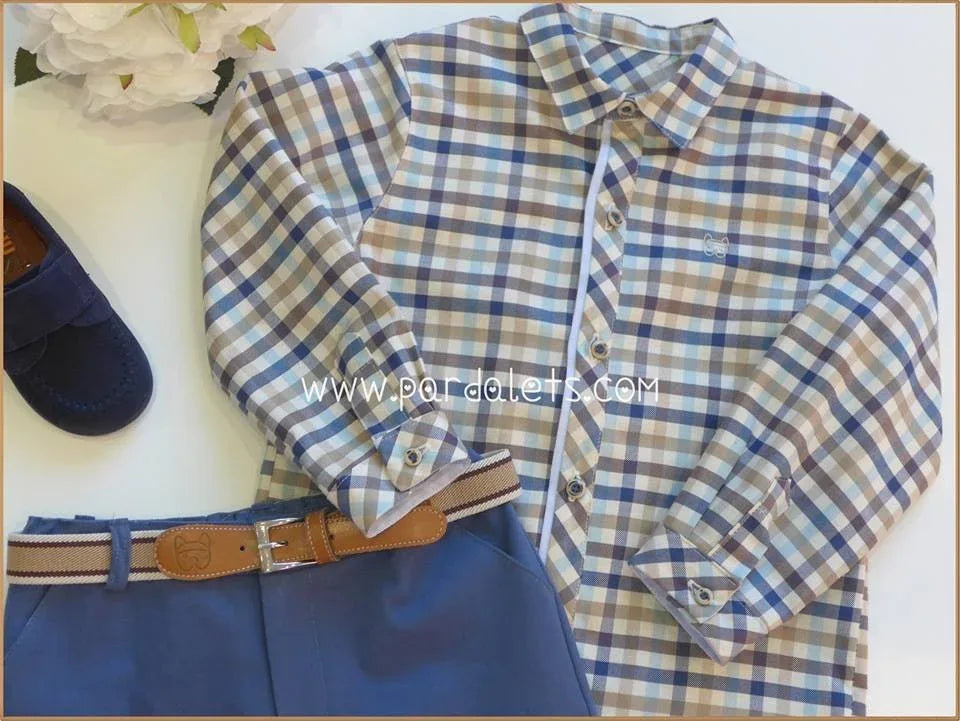 Camisa cuadros azules y marrones y short azul "Virginia" - PARDALETS
