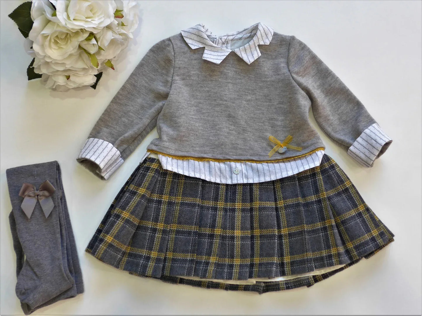 Vestido imitando 2 piezas gris y cuadros gris y mostaza - PARDALETS