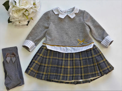 Vestido imitando 2 piezas gris y cuadros gris y mostaza - PARDALETS