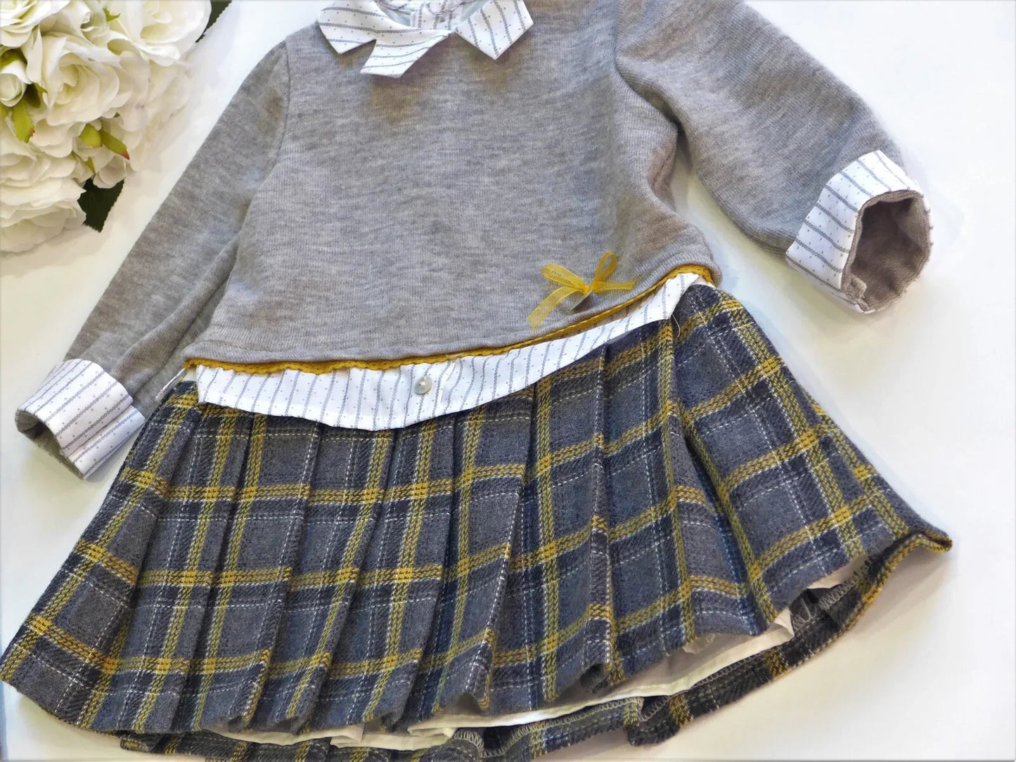 Vestido imitando 2 piezas gris y cuadros gris y mostaza - PARDALETS