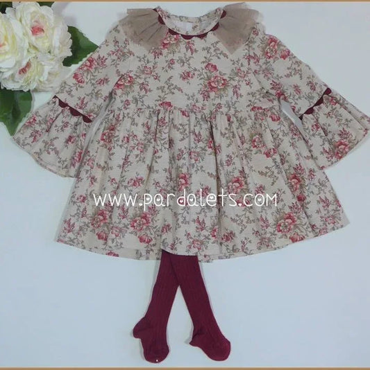 Vestido flores granate y tul topo - PARDALETS