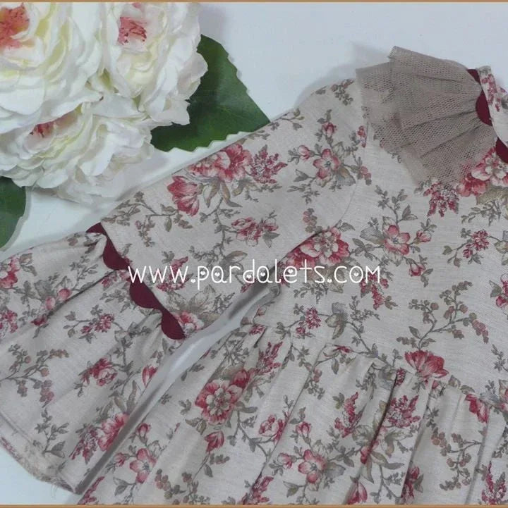 Vestido flores granate y tul topo - PARDALETS