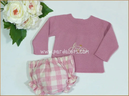 Conjunto jersey rosa con dibujo bici y culote cuadros - PARDALETS