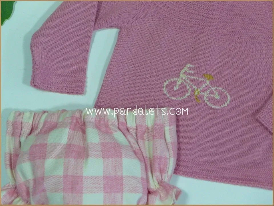 Conjunto jersey rosa con dibujo bici y culote cuadros - PARDALETS