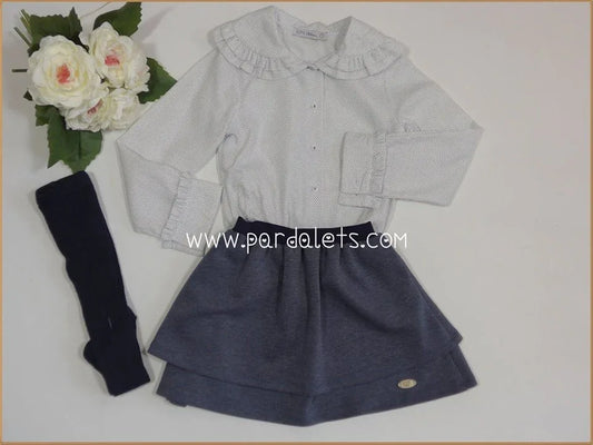Conjunto blusa topitos marino y falda sudadera azul - PARDALETS