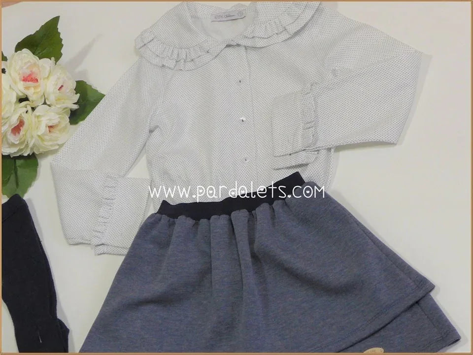 Conjunto blusa topitos marino y falda sudadera azul - PARDALETS