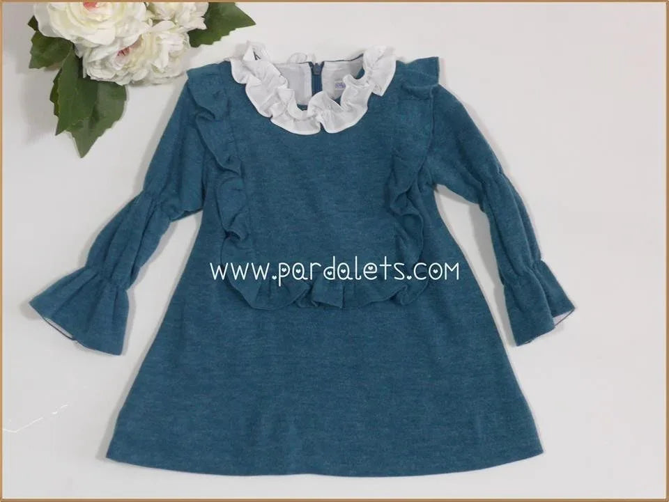 Vestido punto verde oscuro con volantes - PARDALETS