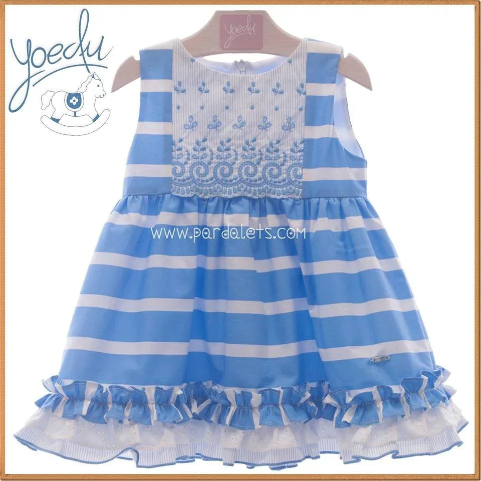 Vestido vuelo con rayas azulonas y bordado "Piamonte" - PARDALETS