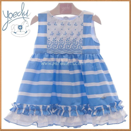 Vestido vuelo con rayas azulonas y bordado "Piamonte" - PARDALETS