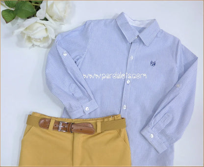Conjunto camisa rayita azul y short mostaza "Talia" - PARDALETS