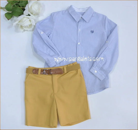 Conjunto camisa rayita azul y short mostaza "Talia" - PARDALETS