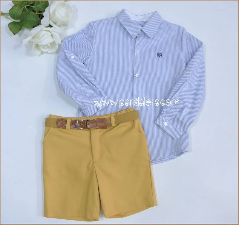 Conjunto camisa rayita azul y short mostaza "Talia" - PARDALETS