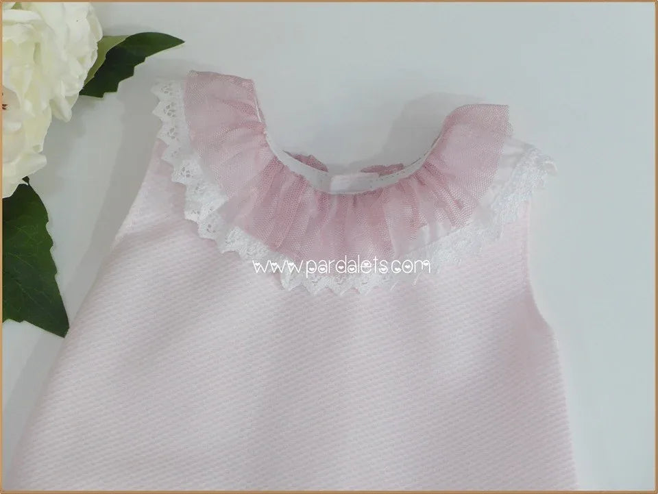 Vestido pique rosa con volante tul - PARDALETS