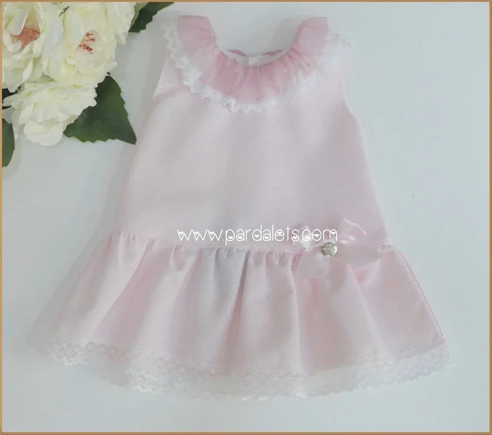 Vestido pique rosa con volante tul - PARDALETS