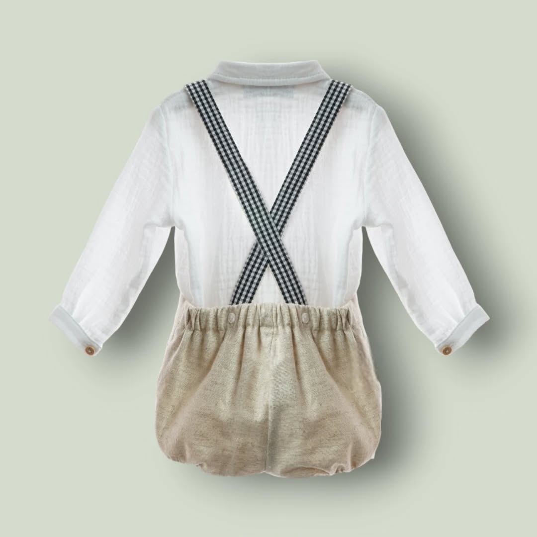 Conjunto camisa blanca MANGA CORTA y short beig con tirantes vichy negro "Ceramica"