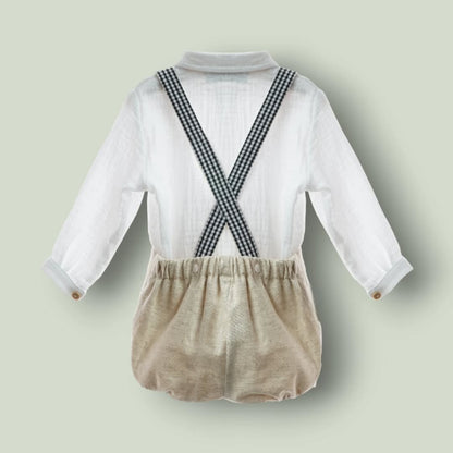 Conjunto camisa blanca MANGA CORTA y short beig con tirantes vichy negro "Ceramica"