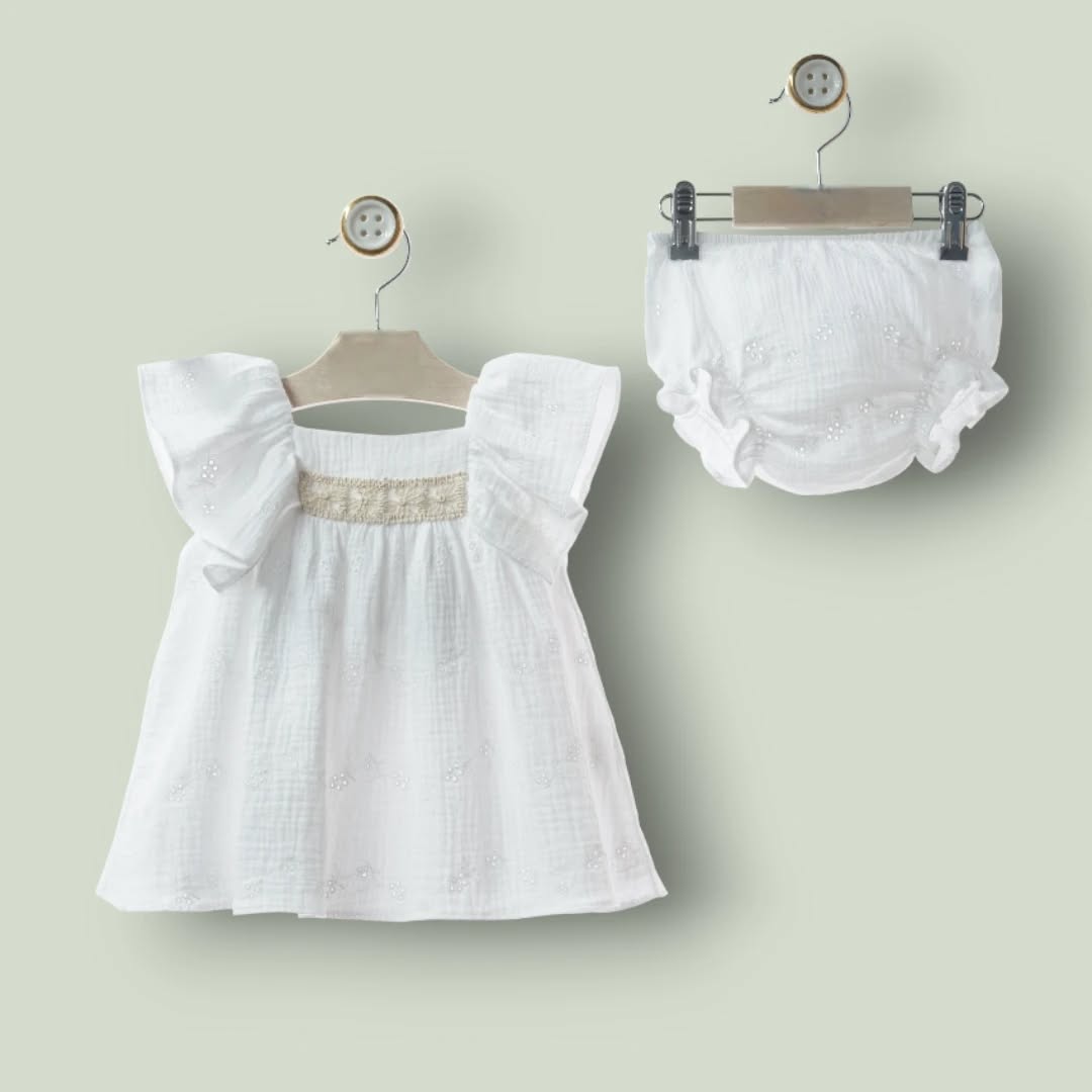 Vestido bordado blanco y lazo vichi negro "Ceramica"