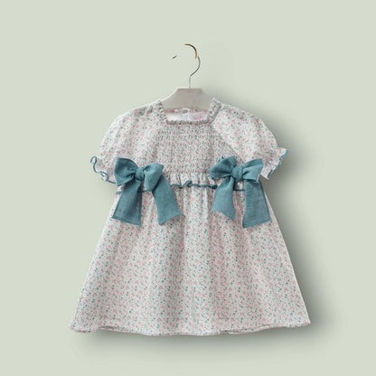Vestido florecitas turquesas y rosas manga corta "Azulejo"
