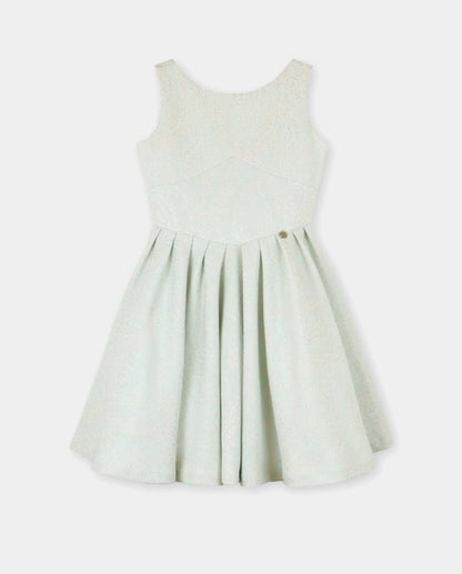 Vestido brocado verde y dorado con pliegues