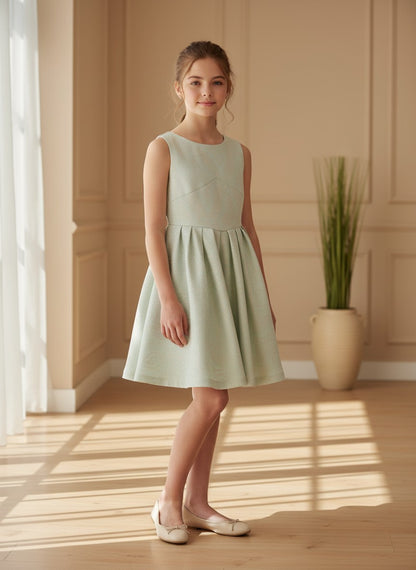 Vestido brocado verde y dorado con pliegues