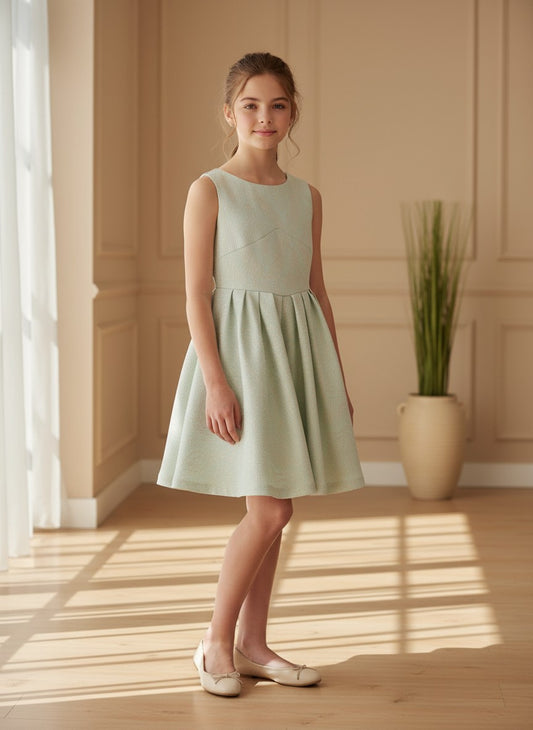 Vestido brocado verde y dorado con pliegues