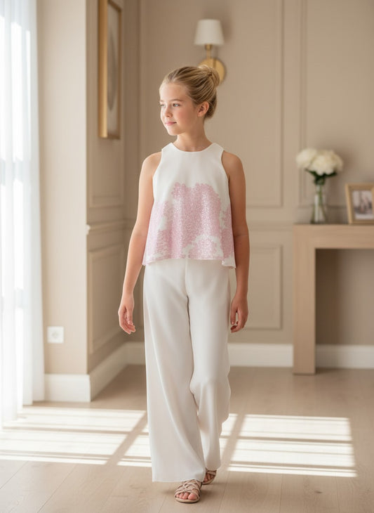 Conjunto blusa bambula estampada malva y pantalon blanco