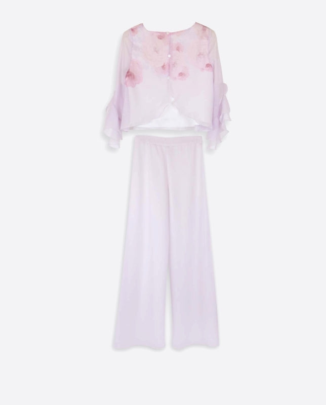 Conjunto blusa manga francesa gasa estampada malva y pantalon blanco
