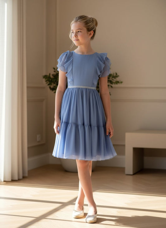 Vestido gasa azul con volantes