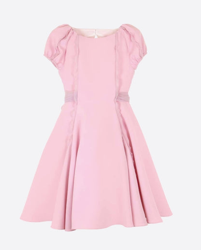Vestido doble tela rosa bebe con volantes de organza y lazada