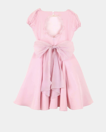 Vestido doble tela rosa bebe con volantes de organza y lazada