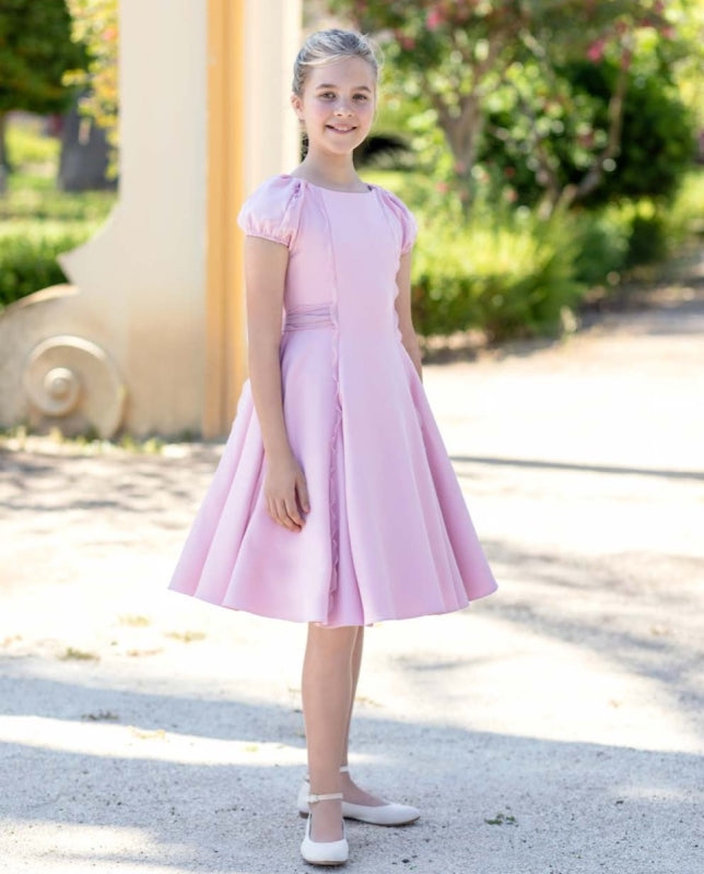 Vestido doble tela rosa bebe con volantes de organza y lazada