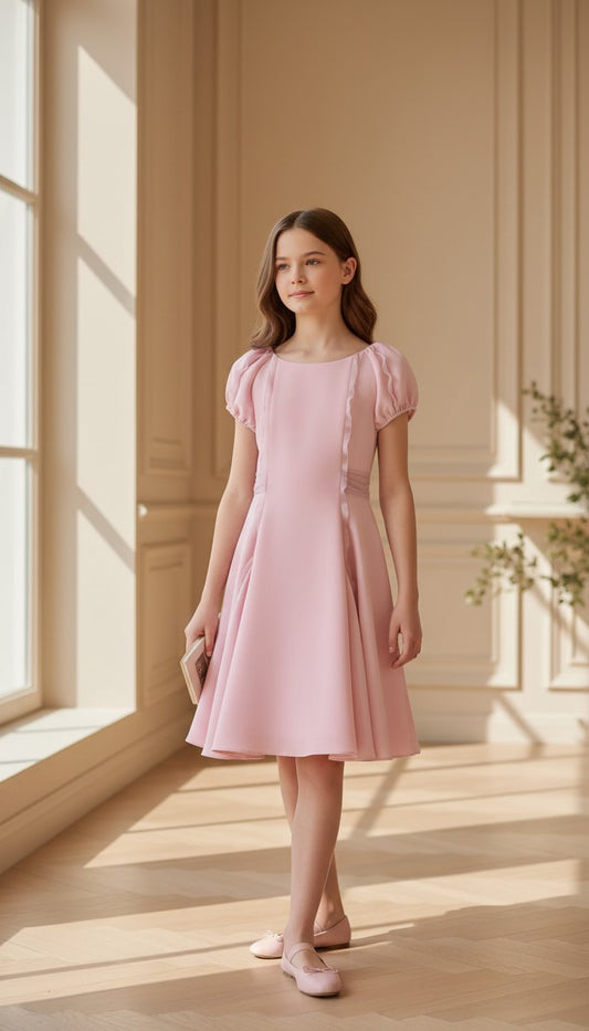 Vestido doble tela rosa bebe con volantes de organza y lazada