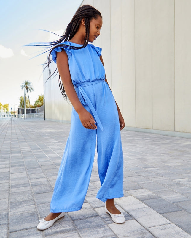 Mono junior saten azul con volantes