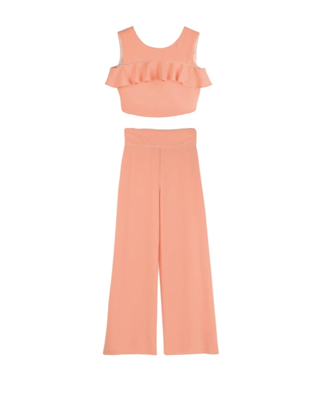 Conjunto top volantes y pantalon melocoton