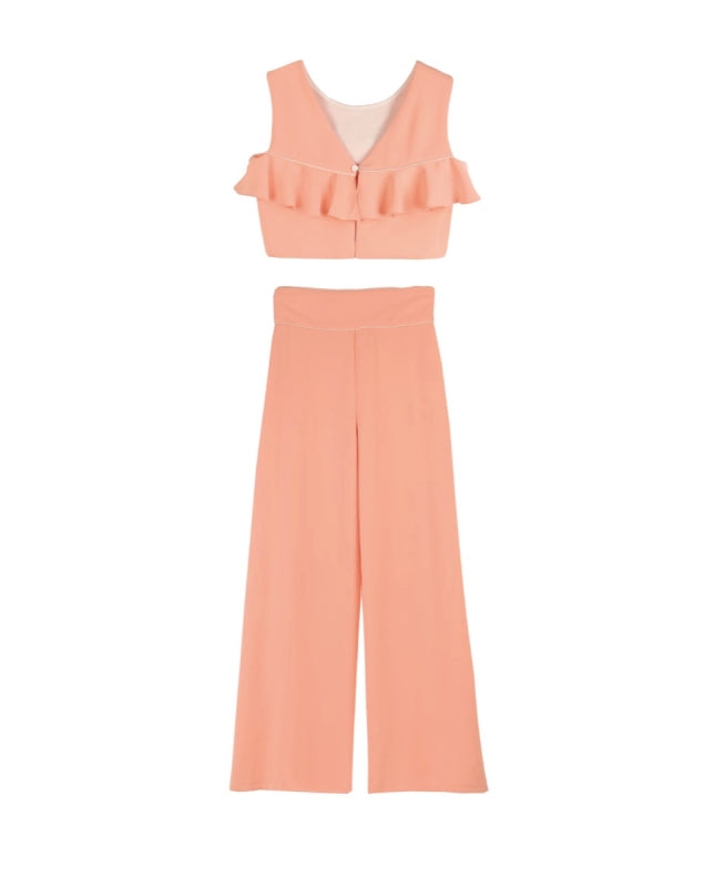 Conjunto top volantes y pantalon melocoton