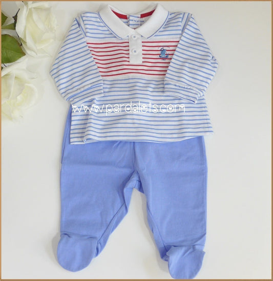 Jubon rayas rojas y azules con polaina azul