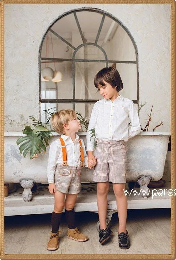 Conjunto camisa rayas short cuadros marrones "Golondrinas" - PARDALETS