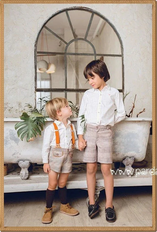 Conjunto camisa rayas short cuadros marrones "Golondrinas" - PARDALETS