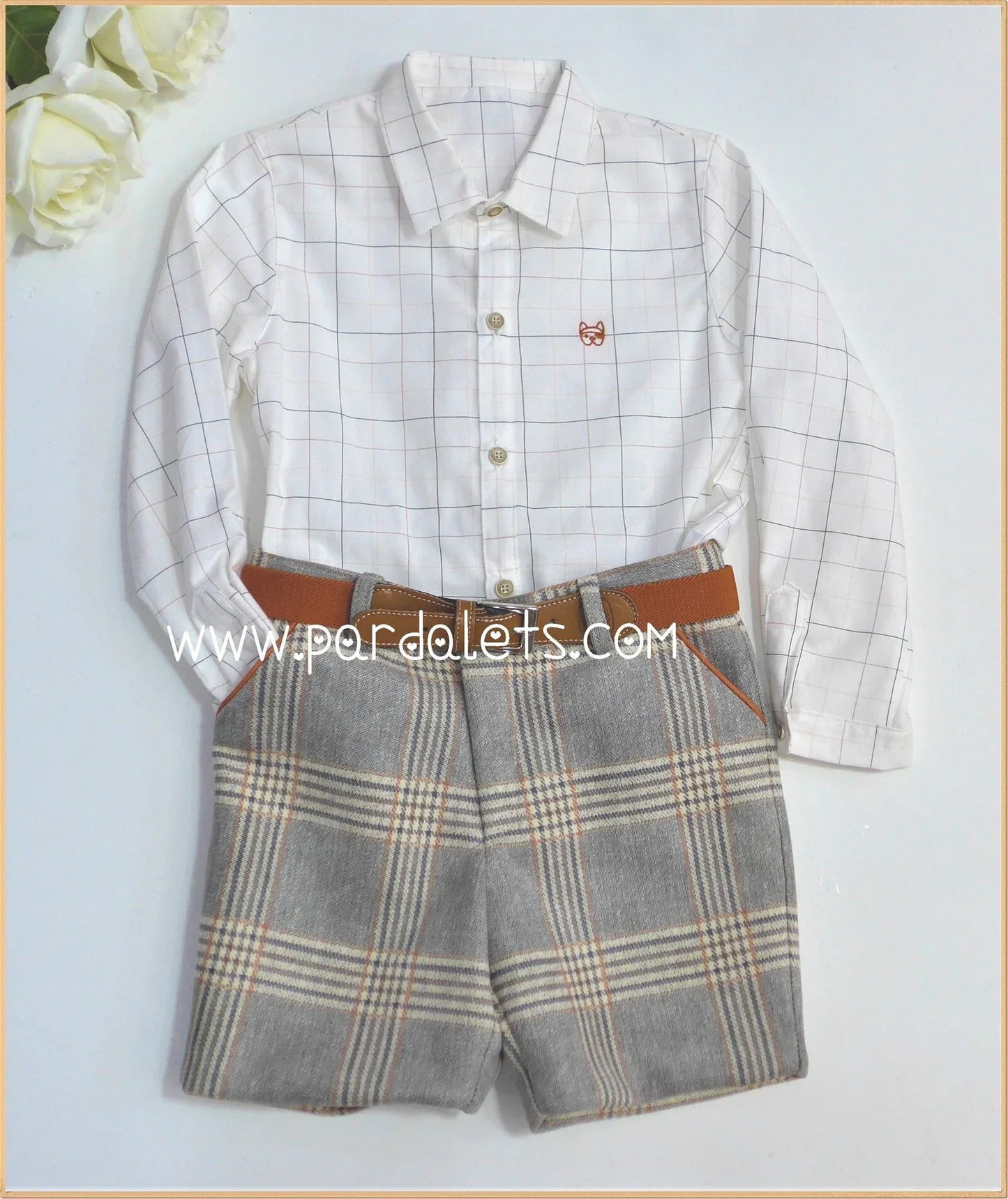 Conjunto camisa rayas short cuadros marrones "Golondrinas" - PARDALETS
