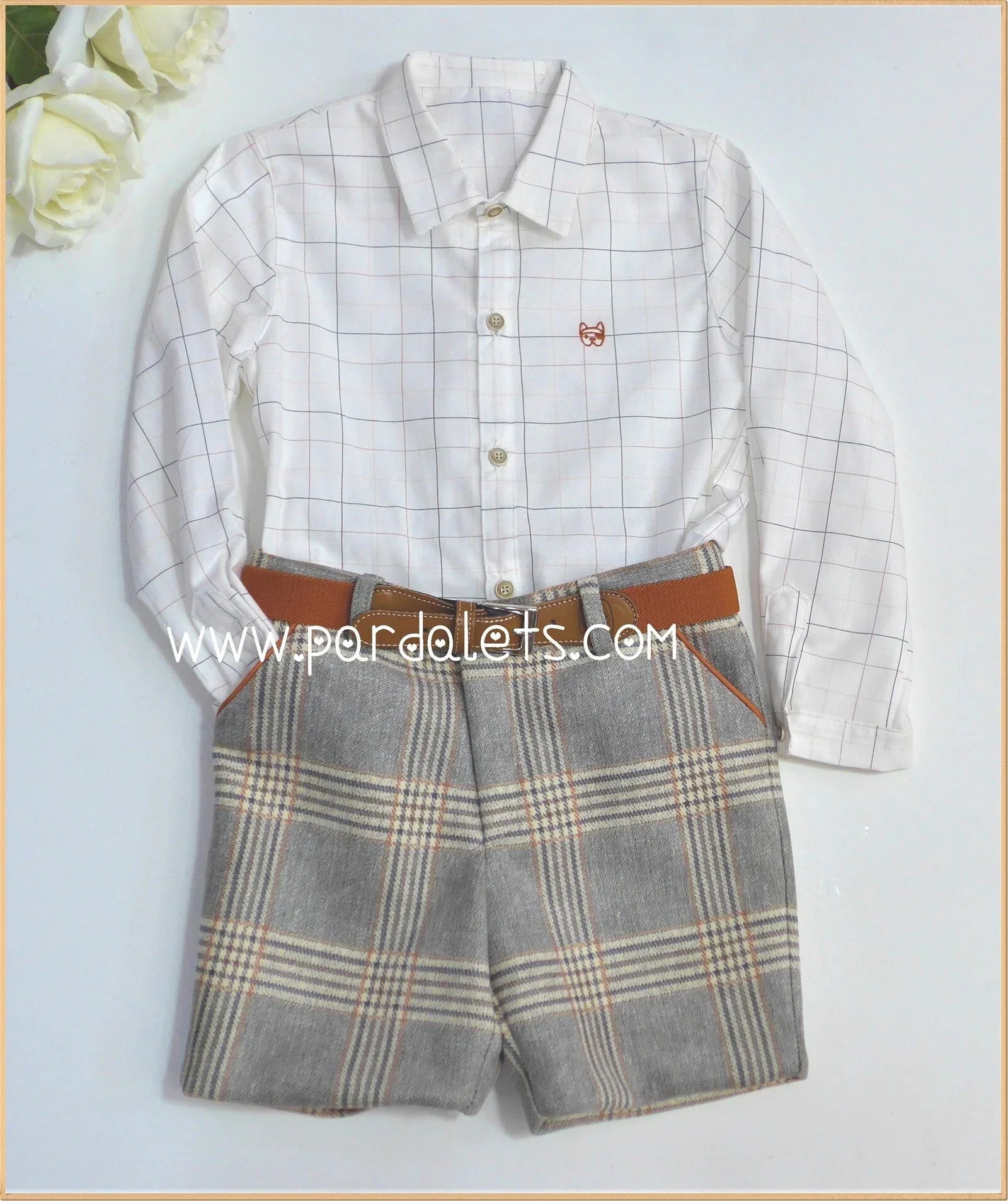Conjunto camisa rayas short cuadros marrones "Golondrinas" - PARDALETS
