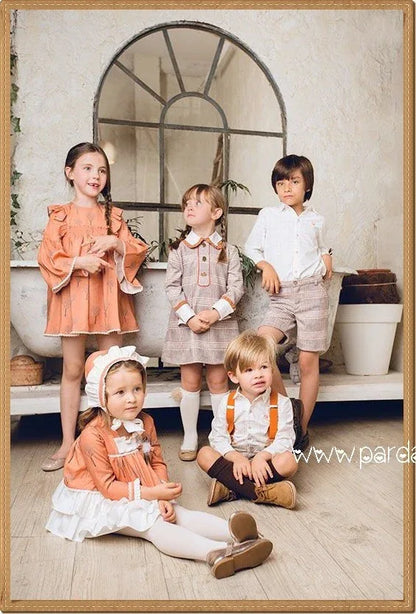 Conjunto camisa rayas short cuadros marrones "Golondrinas" - PARDALETS