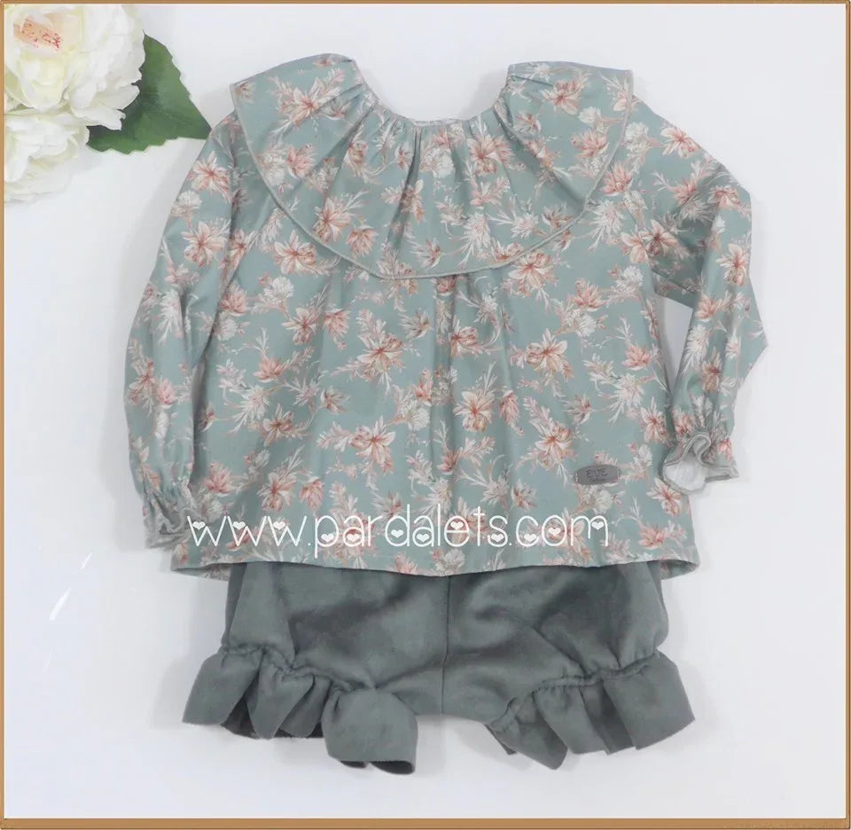 Conjunto blusa flores verde y bombacho verde - PARDALETS