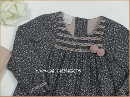 Vestido gris y flores rosas y nido de abeja "Hydra" - PARDALETS