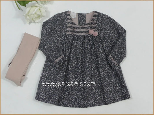 Vestido gris y flores rosas y nido de abeja "Hydra" - PARDALETS