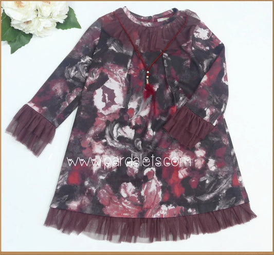 Vestido estampado granate cuello tul y mangas collar incluido - PARDALETS